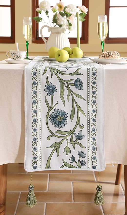 ISAENNE Designer Elegant Linen Table Runner 87 Inches Long,Vintage Blue Floral Pattern Decor Table Runners for Dining Tables,Kitchen Tables,Thanksgiving,Christmas,Banquet,12"*87"-Mosella E