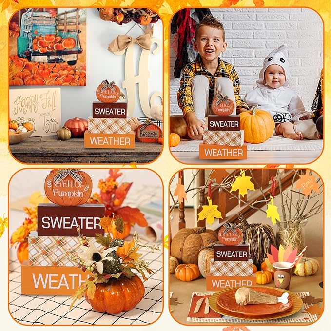 4 Pcs Pumpkin Fall Decor Fall Tiered Tray Decor Autumn Wooden Sign Hello fall Table Decoration Rustic Block Signs Centerpieces Wood Farmhouse Vintage Ornaments Gift for Thanksgiving Home Kitchen