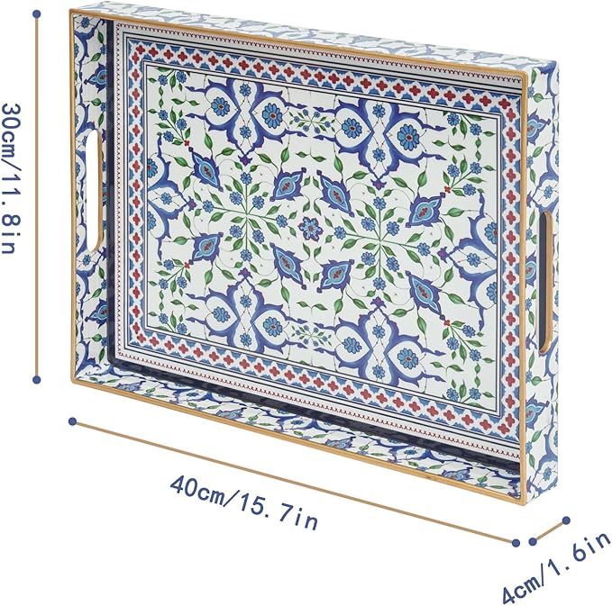 Serving Tray, Boho Plastic Food Trays for Eating on Lap Decorative Coffee Tray with Handles Rectangular Non-Slip Candle Plate, 15.7"x11.8"x1.6" Large Drinks Platter for Kitchen/Living Room/Bedroom