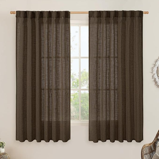 LAMIT Sheer Linen Curtains 63 Inch for Bedroom, Light Filtering Neutral Semi Sheer Farmhouse Boho Curtains Back Tab and Rod Pocket Living Room Panels, Dark Brown, 2 Panels, 52 x 63 Inch