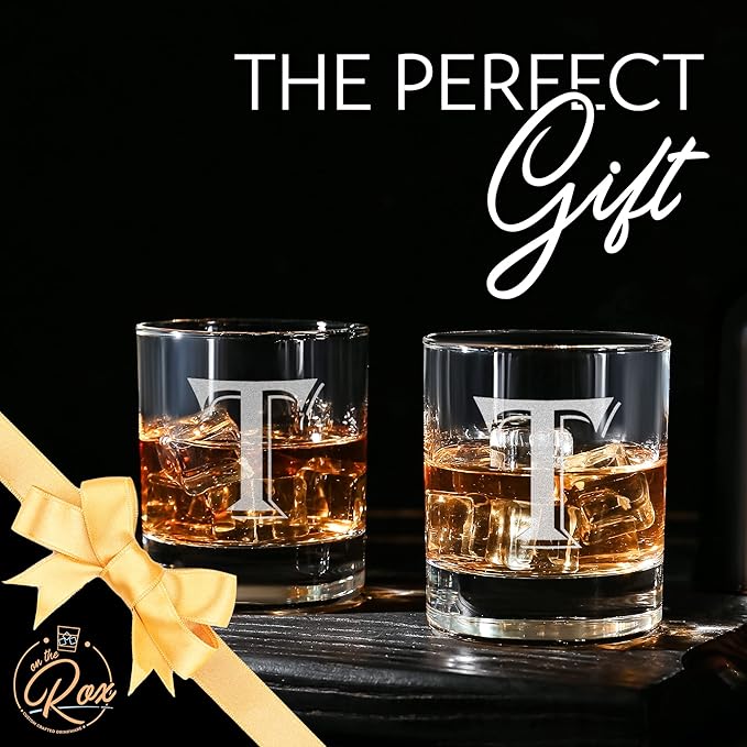 (T-Monogram)- 4 Piece Set of 11 Ounce Engraved Heavy Base Rocks Glasses Elegant Glass-Multi-Purpose Beverage-Rocks Glass- Gift for any Occasion- By: On The Rox