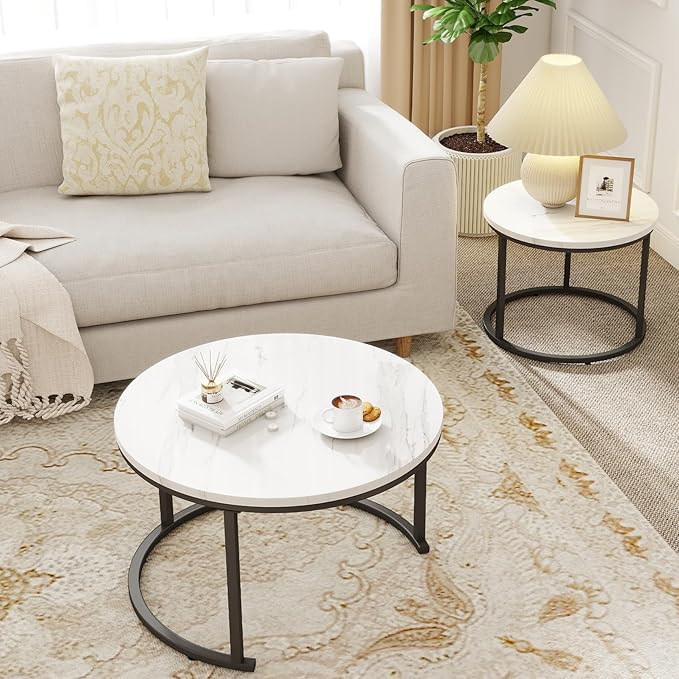 Round Nesting Coffee Table Set of 2, Black and White Faux Marble Top & Steel Frame, Modern Side End Tables for Living Room, Space Saving Accent Cocktail Table