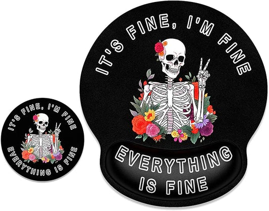 ITNRSIIET Ergonomic Mouse Pad with Wrist Support Wrist Rest Smooth Surface Non-Slip Rubber Base Comfortable Office Supplies Pain Relief, 9.8 x 9.1 inches, Flower Skull