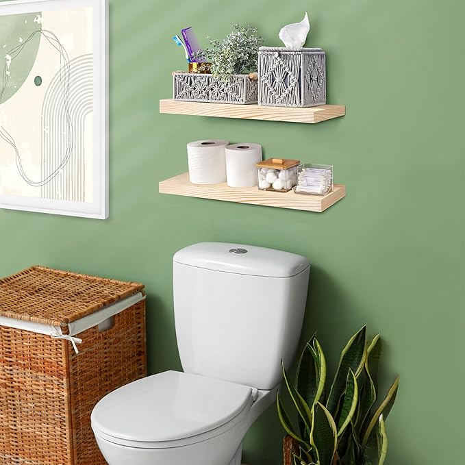 Sorbus Wood Floating Shelves for Wall - 16” Solid Wood Shelves for Bathroom Decor, Books, Bedroom & Living Room - Set of 2 Natural Wall Mounted Kitchen Shelves - Durable Solid Pine