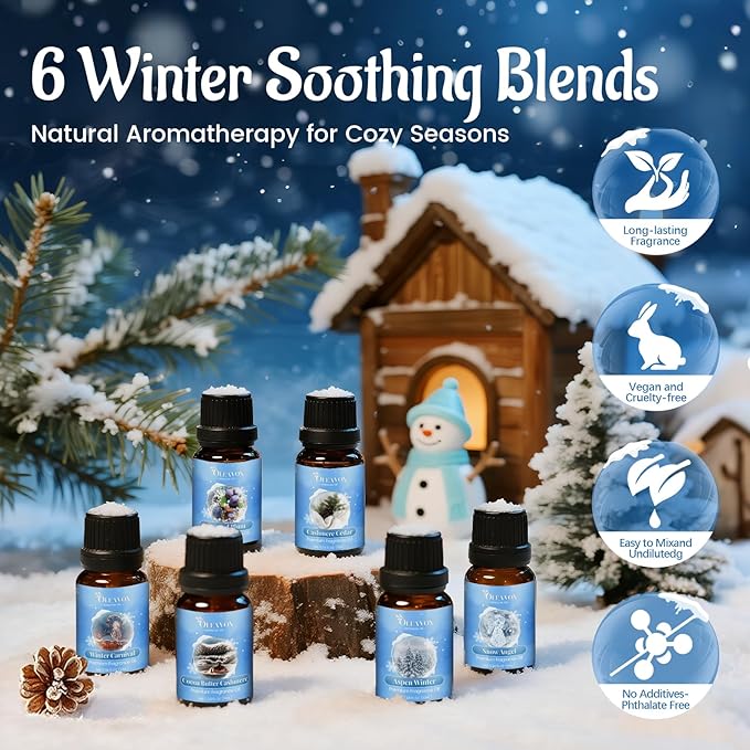 Winter Essential Oils Set, 6 Premium Holiday Fragrance Oil for Diffuser, Candle & Soap Making, Frozen Magic, Winter Wonderland, Hot Cocoa, Frosted Fir, Warm Sweater, Log Fire, Scented Oils for Home