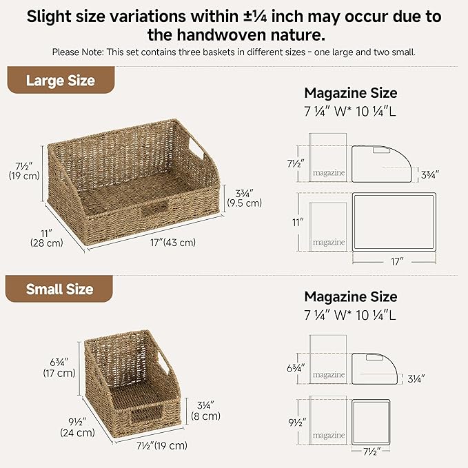 StorageWorks Seagrass Pantry Storage Baskets, Wicker Baskets with Built-in Handles, Handwoven Shelf Baskets for Organizing, Pantry Organizers and Storage, 3 Pack