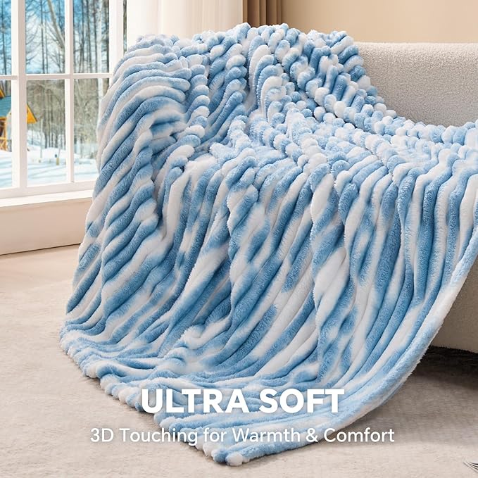 BEDELITE Fleece Throw Blanket for Couch - 300GSM Soft & Warm Fluffy Tie-dye　Blue Blanket, Decorative and Giftable Striped Blankets for Women, Men, 50"x60"