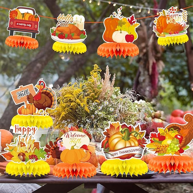 9Pcs Fall Centerpiece Table Decorations Fall Party Decorations Thanksgiving Table Centerpiece Turkey Centerpiece Pumpkin Honeycomb for Thanksgiving Table Decoration Autumn Birthday Party Supplies