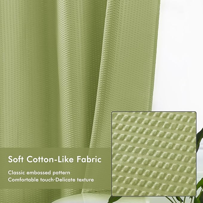 Mrs Awesome No Hook Shower Curtain with Snap-in Liner, Embossed Waffle Design Fabric Shower Curtain for Bathroom, Soft & Lightweight, 71x74, Sage Green