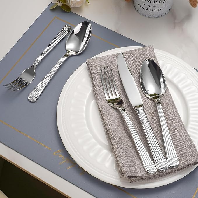 60-Piece 18/10 Stainless Steel Heavy Weight Flatware Set for 12, High End Thick Handle Silverware Set, Luxury Forged Striped Design, Dishwasher Safe