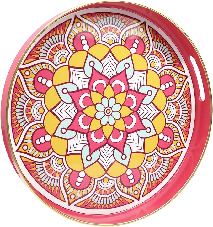 Round Pink Decorative Tray for Coffee Table, Ottoman, 13” Plastic Serving Platter Tray with Handles for Entertaining, Living Room
