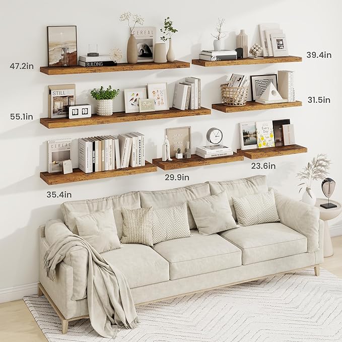 Fun Memories 40" Rustic Wood Floating Shelves with Invisible Brackets for Storage & Decor, Deep Wall Mounted Shelves for Bathroom, Kitchen, Living Room (Brown,Set of 2)