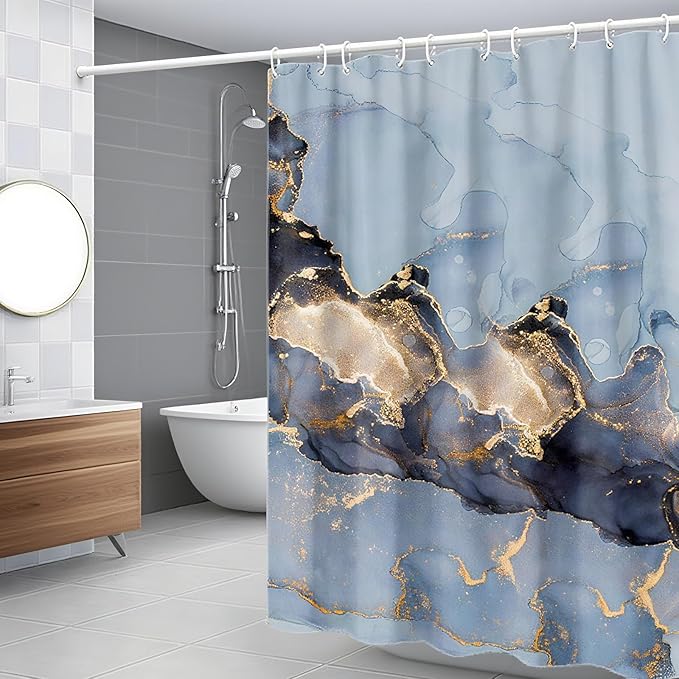 Domoku Blue Marble Waterproof Shower Curtain 72 x 72 Inches with Hooks, Machine Washable Easy-Care Fabric Bathroom Curtain for Tub or Shower