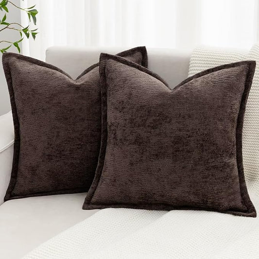 Brown Decorative Throw Pillow Covers 20x20 Inch Set of 2 Cozy Soild Chenille Cushion Cases Soft Textured Square Couch Pillows Cover Boho Accent Farmhouse Pillowcases for Sofa Bed