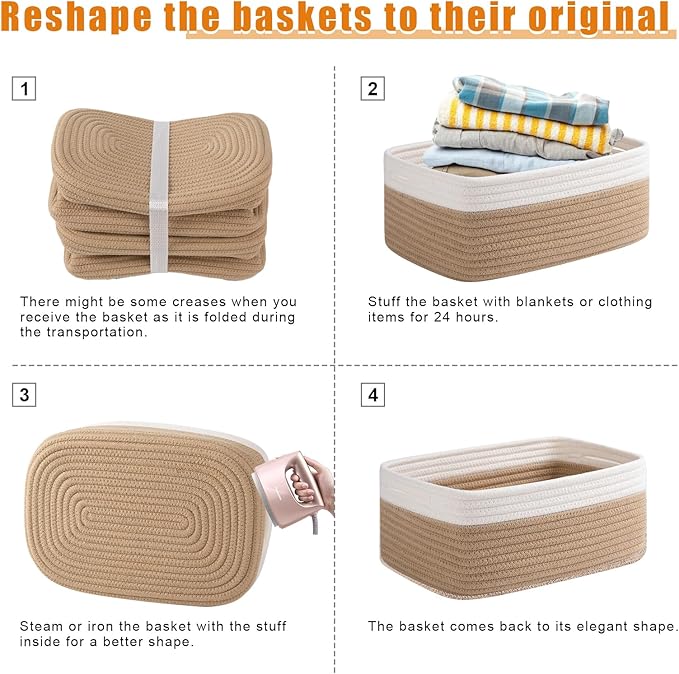 OIAHOMY 4 Pack Storage Baskets for Organizing, Small Bins for Shelves, Cute Decorative Storage Bins, Organizer Baskets for Gifts Empty, 11.8''Lx7.8''Wx4.7''H, Yellow/White