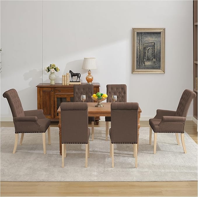 AODCHR Upholstered Fabric Accent Dining Chair Set of 6, Elegant Tufted Dining Room Chairs, Kitchen Room 2 Arm with 4 Armless, Brown