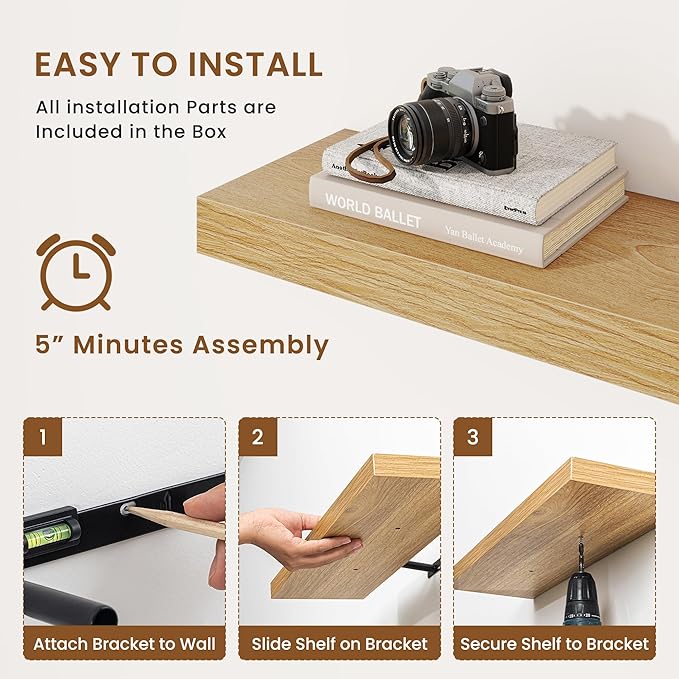 fuqing Floating Shelves for Wall, Bathroom Shelf Wall Mounted for Storage, Shelves with Invisible Bracket for Bedroom, Kitchen, Living Room, Farmhouse Small Book Shelf, 32 Inch Set of 2, Oak