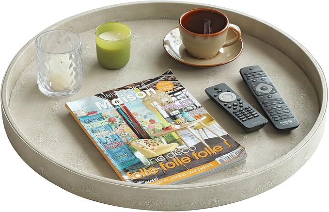 HofferRuffer Large Round Serving Tray 24'', Elegant Faux Leather Circle Ottoman Table Tray, Serve Tea Coffee Breakfast in Bedroom Living Room Kitchen (Cream White)