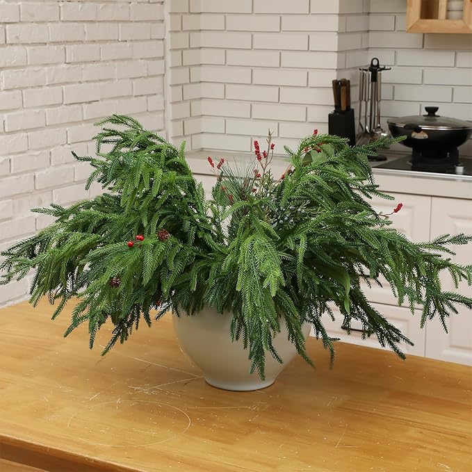 Jutom 6 Pcs 30 Inch Christmas Norfolk Pine Branches, Lifelike Bendable Non-Shedding Greenery Stems Faux Pine Picks for Christmas Mantel Centerpiece Garland Wreath and Holiday Decor