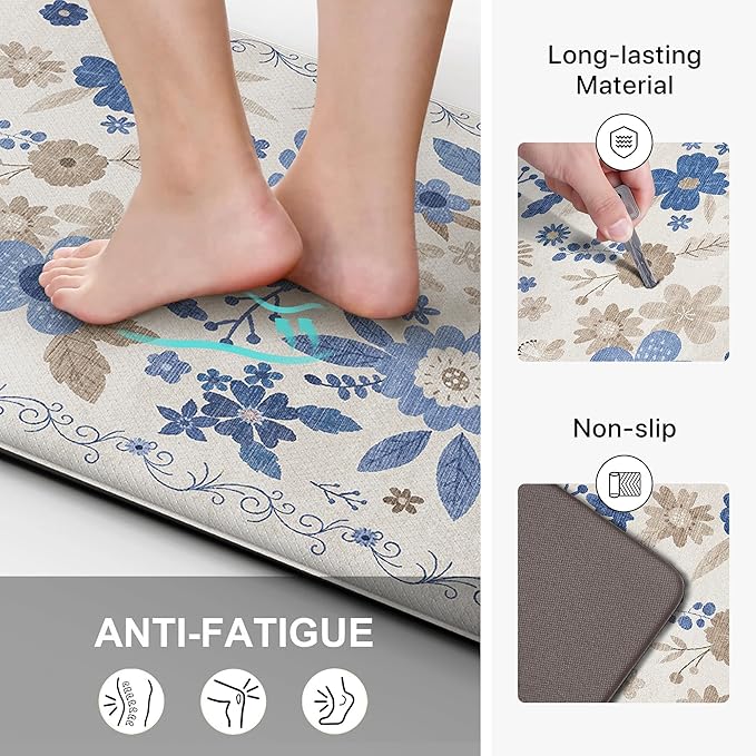 GENIMO Kitchen Mats for Floor 2PCS, Cushioned Kitchen Rugs Non Slip Washable, Farmhouse Anti Fatigue Mat Waterproof, Comfort Standing Mat Rug for Office, Home, Laundry, 17.3"x47"+17.3"x30", Beige&Blue