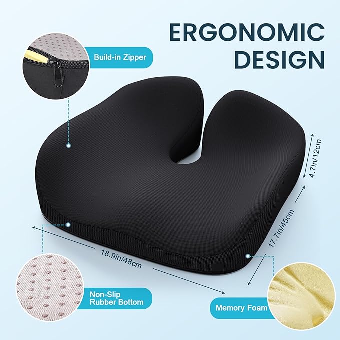 Benazcap Seat Cushion, Memory Foam Cushions for Office Chair - Ergonomic Chair Cushions for Tailbone Pain Relief, Sciatica & Back Support, Office Chair Cushion & Car Seat Cushion
