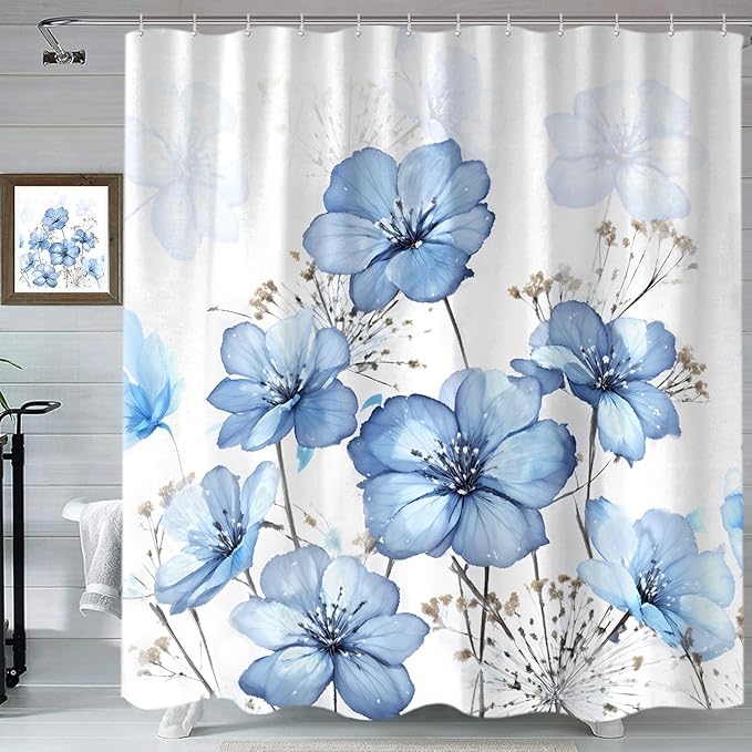 Sanzugh Boho Blue Flower Shower Curtain, Light Blue Watercolor Floral White Art Fabric Shower Curtains Set for Bathroom Decorative with Hooks 72 X 72 inch Beautiful Bath Decor