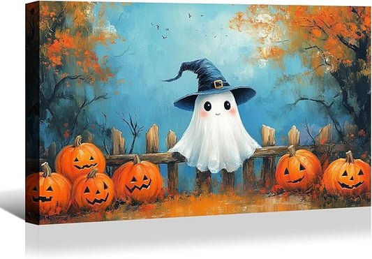 BANHUA1 Halloween Canvas Wall Art, Cute Ghost Wearing a Dark Witch Hat Pictures Print, Funny Spooky Lighted Pumpkin Wall Decor for Home, Living Room, 24 x 16 Inch