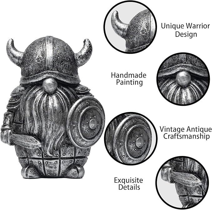 3PCS Viking Warrior Gnome Figurines Set-Viking Decor Home Ornament Mini Gnomes for Table,Shelves,Cabinet (Silver)
