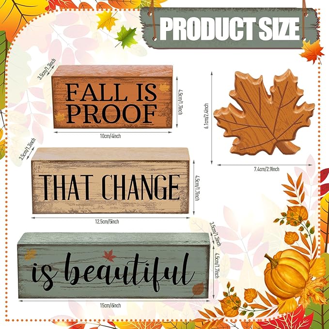 4 Pcs Fall Decoration for Home Wooden Maple Leaf Fall Tiered Tray Decor Thanksgiving Table Centerpiece Rustic Decorative Maple Leaf Block Signs Farmhouse Autumn Decoration for Home Kitchen