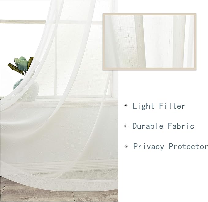 Randall Off White Linen Sheer Curtain Panel Sets of 2 with Eyelets Open Weave Faux Linen Window Treament for Living Room Bedroom Farmhouse, Elegant Nickel Grommet Top-54x63 Inch