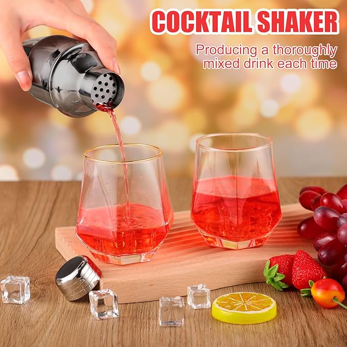 Nitial 6 Pcs Bar Cocktail Shaker Professional Stainless Steel Martini Drink Mixer Built-in Strainer for Bartending No Leaks Shaker for Bar Party Drink Mixer (Black,8 oz)