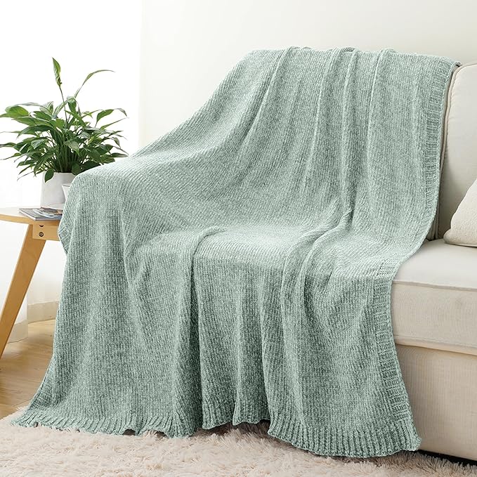 BATTILO HOME Sage Green Throw Blanket for Home Decor, Chenille Knit Throw Blanket for Couch, Sofa, Chair, Cozy Soft Blanket, 51"x67"