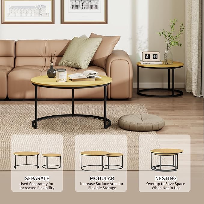 Nesting Tables Set of 2, 31.5" Round Coffee Table, Wood Grain Top Nesting Coffee Table with Adjustable Non-Slip Fee, Small Nesting Tables for Living Room, Bedroom (Wood Grain Light Brown)