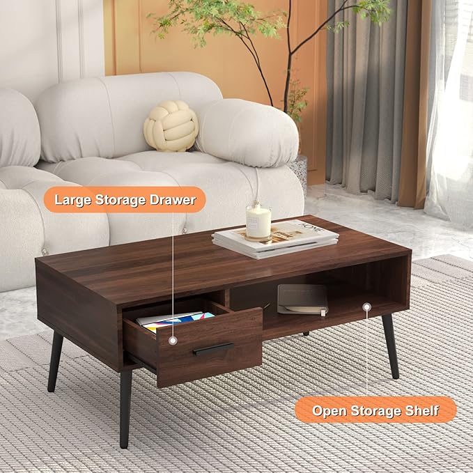 HAIOOU Coffee Table, Mid Century Modern Center Table for Living Room with Storage, Walnut Tea Table with Drawer, Open Storage Shelf, Floor-Anti-Scratching Pine Leg for Home, Office(Dark Brown)