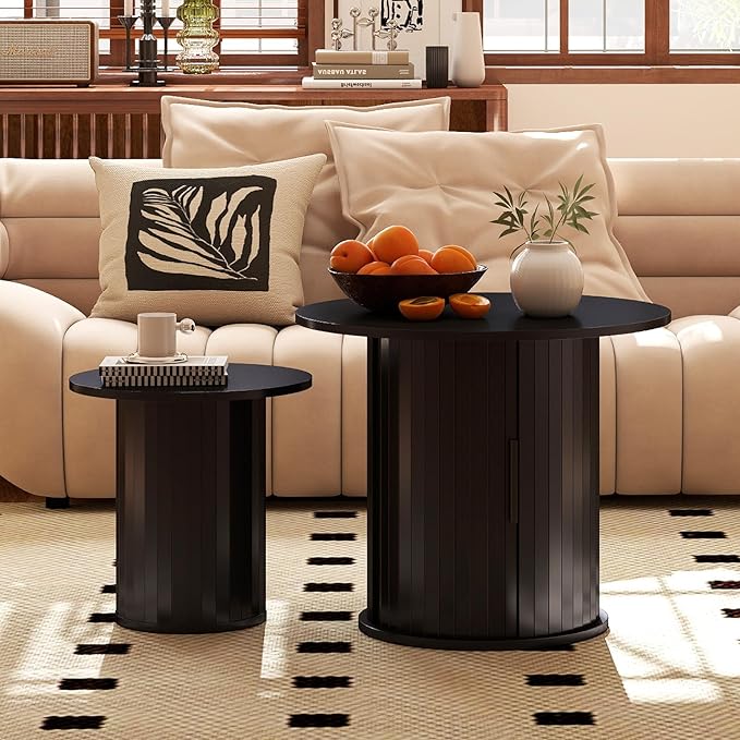 COSVALVE Round Wood Fluted End Table, 15.7” Circle Farmhouse Side Table Sets for Living Room, Bedroom, Balcony, Small Spaces, Black