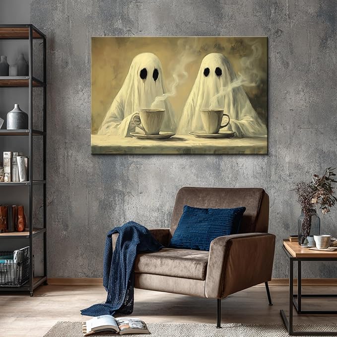 BANHUA1 Vintage Halloween Canvas Wall Art, Two Ghosts Drinking Coffee Picture Print, Dark Academia Wall Decor for Home, Living Room, Bedroom, 32 x 24 Inch