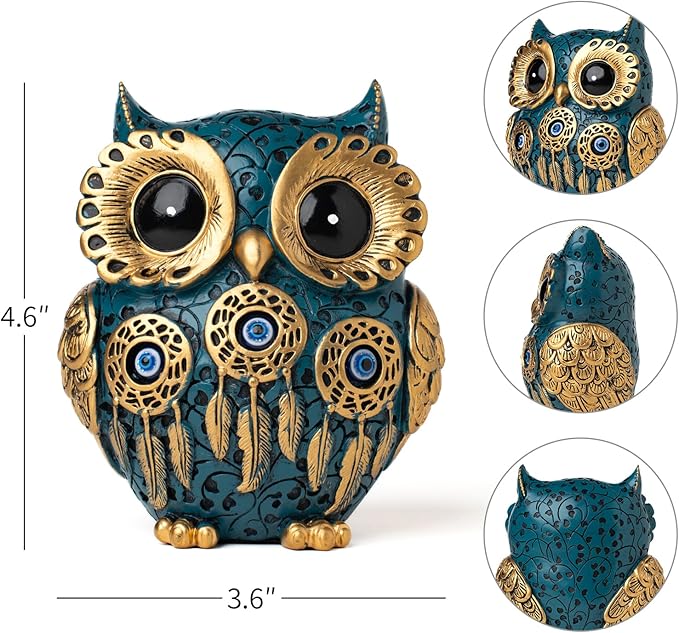 Decorative Owl Figurine, Vintage Blue and Gold Owl Statue Home Decor - Evil Eye Accent for Bookshelf, Bedroom, Living Room, Office & Table. Cute Small Animal Sculpture Gift for Birds Lovers.(Blue)