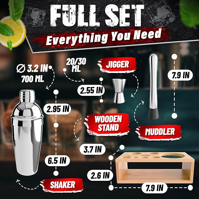 Bar Tool Set – Stainless Steel Mixed Drink Shaker Set with 10 Accessories, Durable & Easy to Clean – Bartender Kit with Stand | Wooden Organizer for Home Bar Setup, Great Gift for Cocktail Enthusiasts