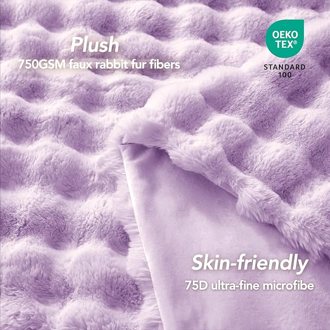 L'AGRATY Faux Fur Throw Blanket: 60" x 80" Luxury Soft Fluffy Rabbit Fur Blankets Twin for Couch Bed Sofa - Cozy Plush Bubble Blankets for Winter: Flannel Fleece Decorative Blanket(Purple)