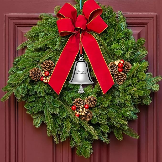 Styleonme Decorative Bells, Christmas Ornaments 2024, Engraved It's Merry Christmas 2024, Silvery Bells Decoration with Pendants Tree