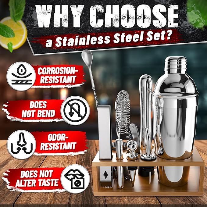 Bar Tool Set – Stainless Steel Mixed Drink Shaker Set with 10 Accessories, Durable & Easy to Clean – Bartender Kit with Stand | Wooden Organizer for Home Bar Setup, Great Gift for Cocktail Enthusiasts