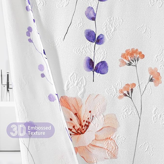 QIYI 3D Embossed Butterflies Blue Purple Flower Shower Curtain, Minimalist White Cloth Textured Waterproof Fabric Set with Hooks, 72x72