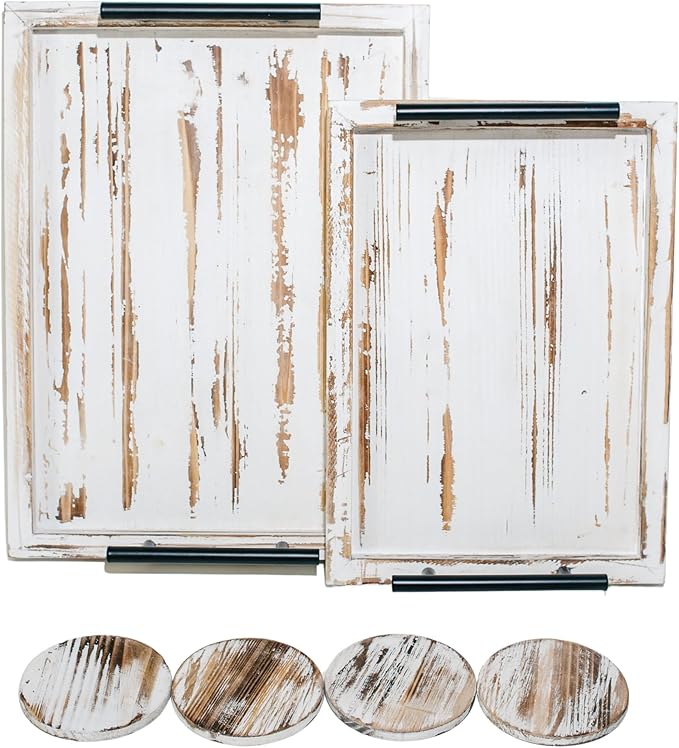 Decorative Ottoman Serving Tray Wooden Rustic (Set of 2) | Black Sleek Metal Handles | 4 Matching Coasters | Coffee Table Decor | Serving Kitchen Platter (Rustic White)