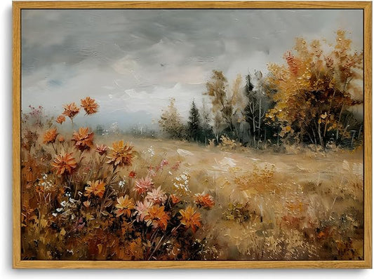 KISSFOX Fall Vintage Landscape Canvas Wall Art Farmhouse Autumn Leaves Nature Scene Oil Painting Framed Wall Art Prints Artwork For Living Room Bedroom Kitchen
