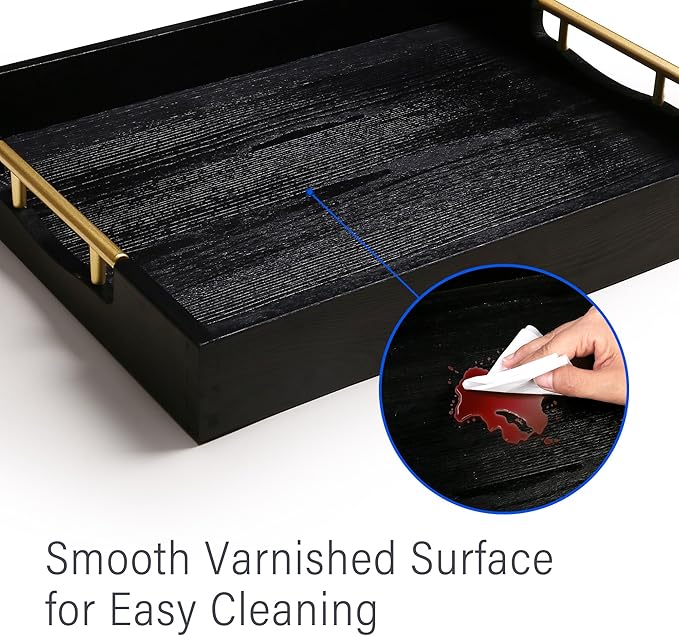 LotFancy Wood Serving Tray, 17x13”, Large Ottoman Tray with Metal Handles, Decorative Wooden Tray for Living Room, Ottoman, Coffee Table, 2 Skidproof Coasters Included, Black