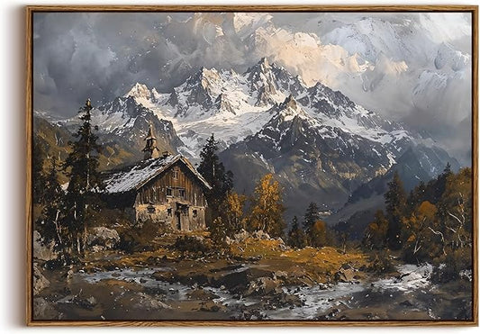 KISSFOX Vintage Landscape Alpine Canvas Wall Art Winter Farmhouse Snow Mountain Chalet Framed Wall Art Natural Countryside Paintings Artwork Rustic Art Prints For Bedroom Bathroom Living Room