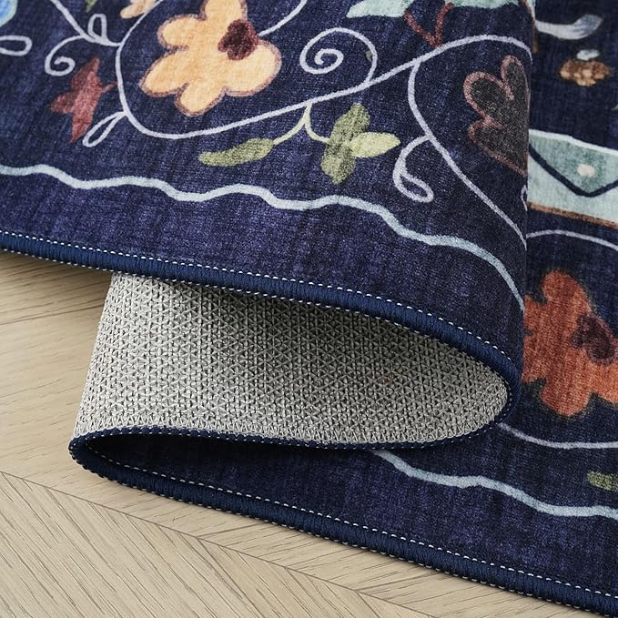 Rugcomf Door Mat Indoor Entrance 2x3 Rug Machine Washable Boho Floral Animal Cat Small Area Rug Non-Slip Low Pile Throw Rugs for Entryway Kitchen Front Door Entry Kids Room, Cobalt Blue