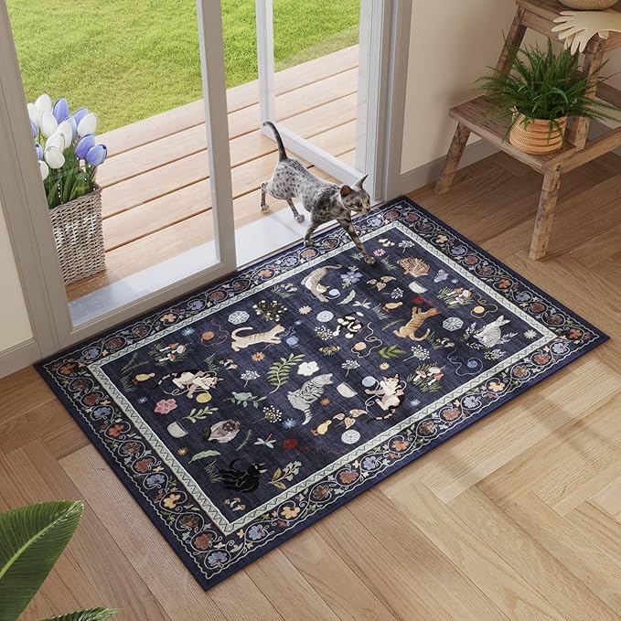 Rugcomf Door Mat Indoor Entrance 2x3 Rug Machine Washable Boho Floral Animal Cat Small Area Rug Non-Slip Low Pile Throw Rugs for Entryway Kitchen Front Door Entry Kids Room, Cobalt Blue