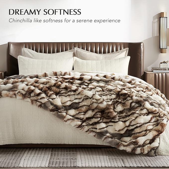 EverGrace Ultra Soft Luxury Fluffy Faux Rabbit Fur Throw Blanket, Thick Warm Bubble Throw for Bed, Cozy Plush Reversible Blankets for Couch, Chair, Sofa, Beige & Gray, 60x80 Inches