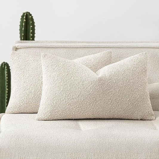 Woaboy Pack of 2 12x20 Inch Decorative Boucle Throw Pillow Covers Textured Lumbar Pillowcaes Accent Solid Cozy Soft Cushion Covers Home Decor for Sofa Couch Living Room Home Decor,Natural Beige